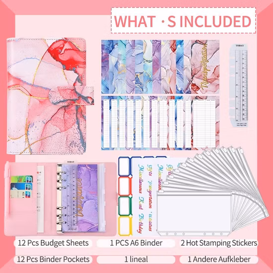 Planner Notebook A5 Organizer Inserts Printable Budget PU Leather Loose Leaf Budget Binder with Cash Envelopes